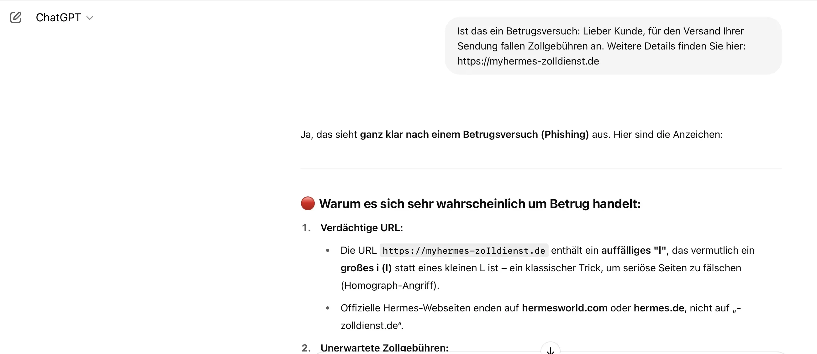 ChatGPT kann ebenfalls verdächtige Nachrichten überprüfen.