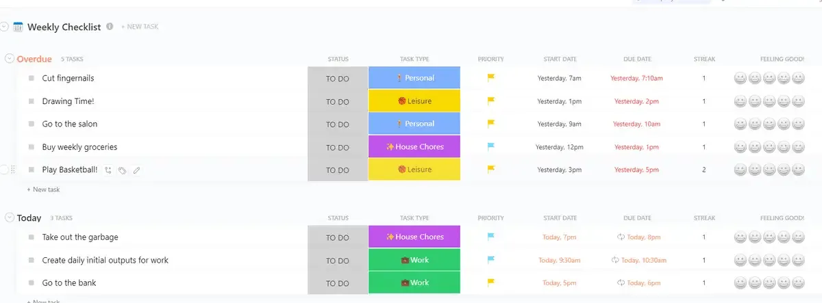 ClickUp Wöchentliche Checkliste Vorlage