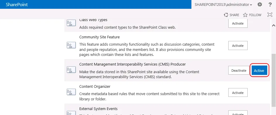 CMIS Producer Feature in SharePoint aktivieren