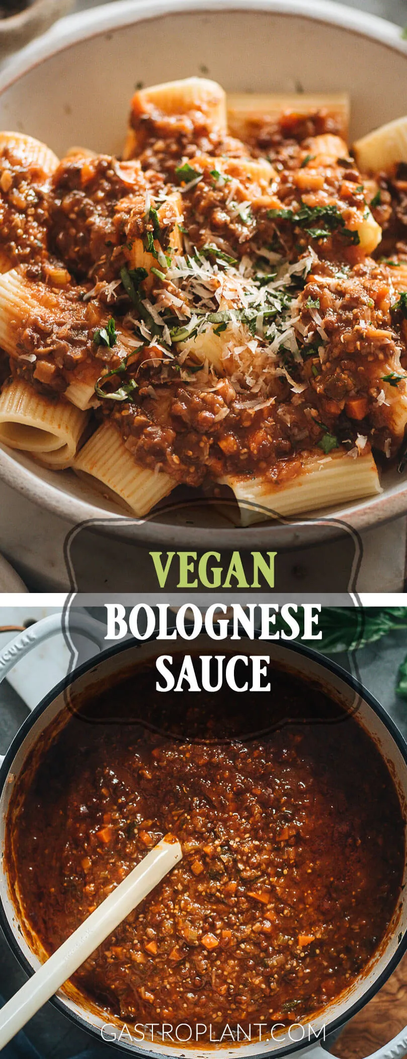 Collage aus Bildern der veganen Bolognese: Zutaten, Zubereitung und fertiges Gericht