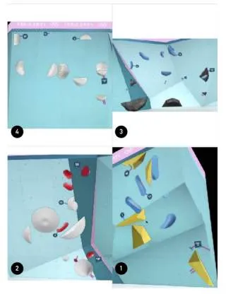 Collage aus vier Nahaufnahmen verschiedener Kletterwände mit unterschiedlich farbigen Griffen und Tritten, gekennzeichnet mit Nummern und Markierungen für Kletterrouten.