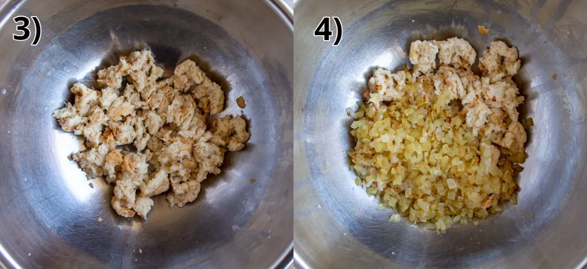 Collage: Eingeweichtes Brot in einer Metallschüssel, einmal pur und einmal mit hinzugefügten goldbraun gedünsteten Zwiebeln für die Bulettenmasse.