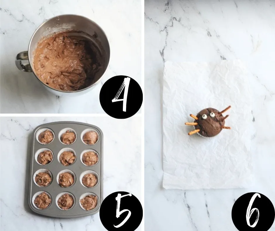 Collage mit drei Bildern, die die Schritte zur Zubereitung von Halloween Muffins zeigen: Schritt 4, 5 und 6
