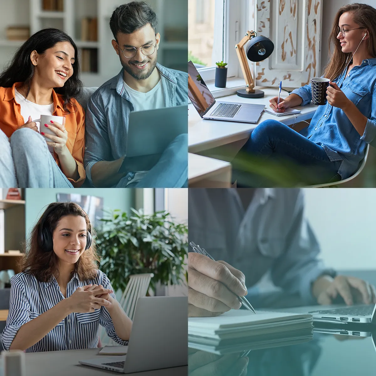 Collage von E-Learning von zu Hause aus, symbolisierend flexibles Lernen für eine Online Marketing Fortbildung