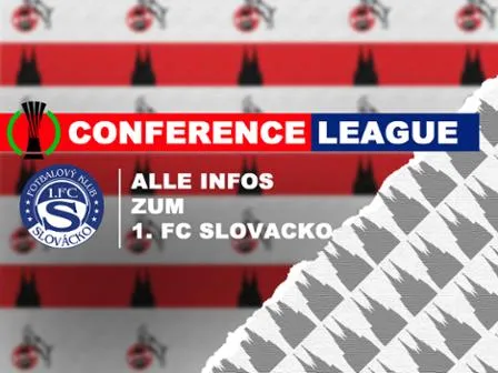 Conference League Logo mit den Wappen von 1. FC Köln und 1. FC Slovácko für das bevorstehende Duell.