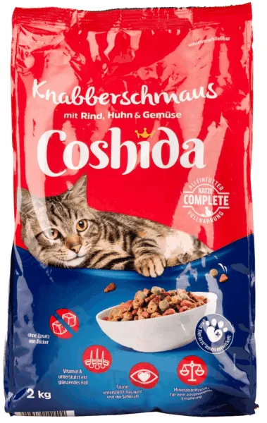 Coshida Knabberschmaus, Trockenfutter für Katzen von einem Discounter