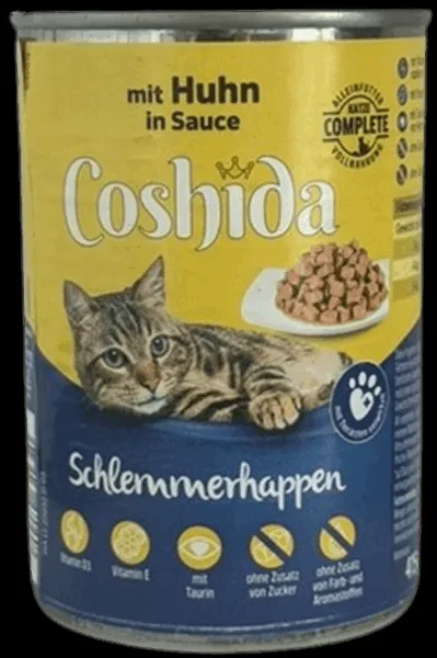 Coshida Schlemmerhappen Huhn in Sauce, Nassfutter für Katzen von einem Discounter
