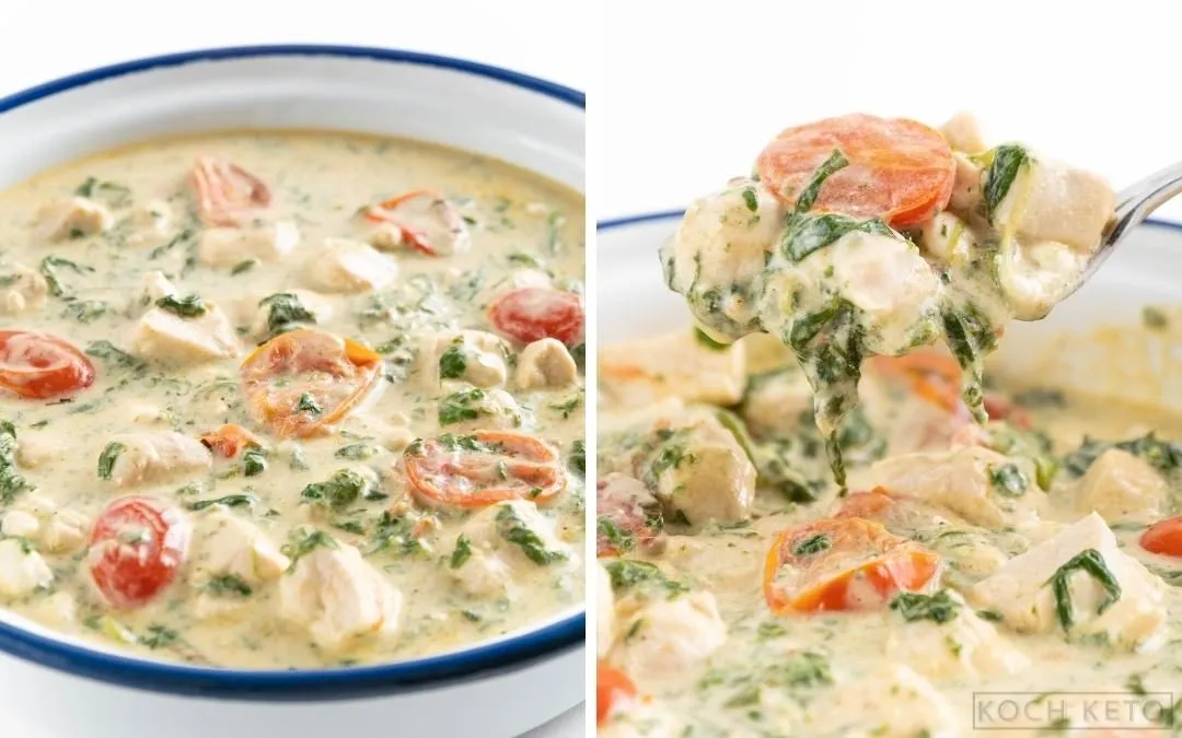 Cremige Hähnchen-Spinat-Pfanne mit sonnenreifen Tomaten und Fetakäse