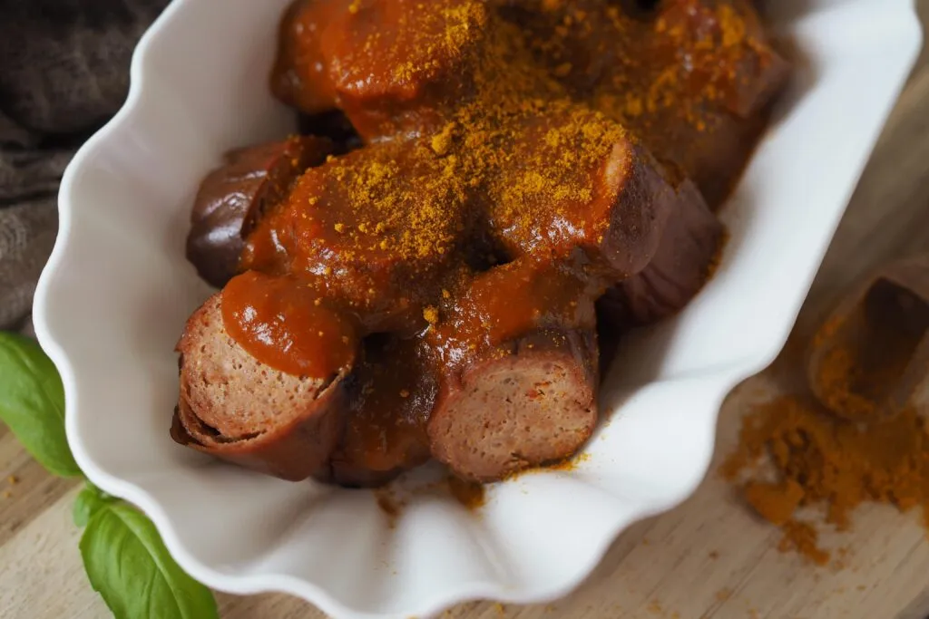 Currywurst mit hausgemachter Currysoße und Pommes, angerichtet auf einem Teller