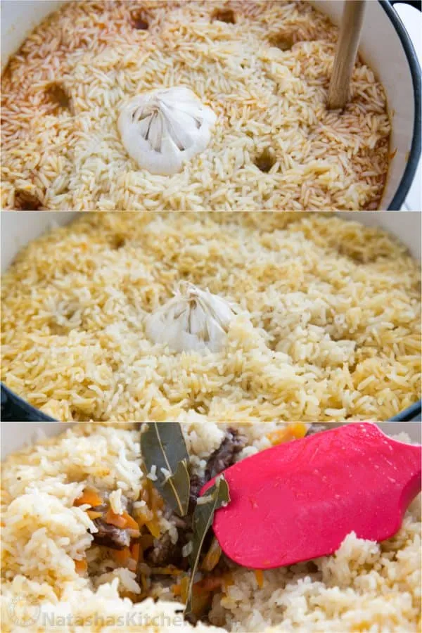 Dampflöcher werden in den Reis gestochen, bevor der Topf abgedeckt wird, um das Plov fertig zu garen und eine perfekte Textur zu erreichen