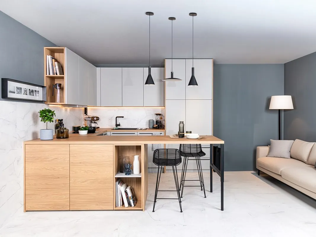 DANKÜCHEN Modell Amica in Manhattan Grau und Nordic Eiche, multifunktional für Kochen, Wohnen und Arbeiten.