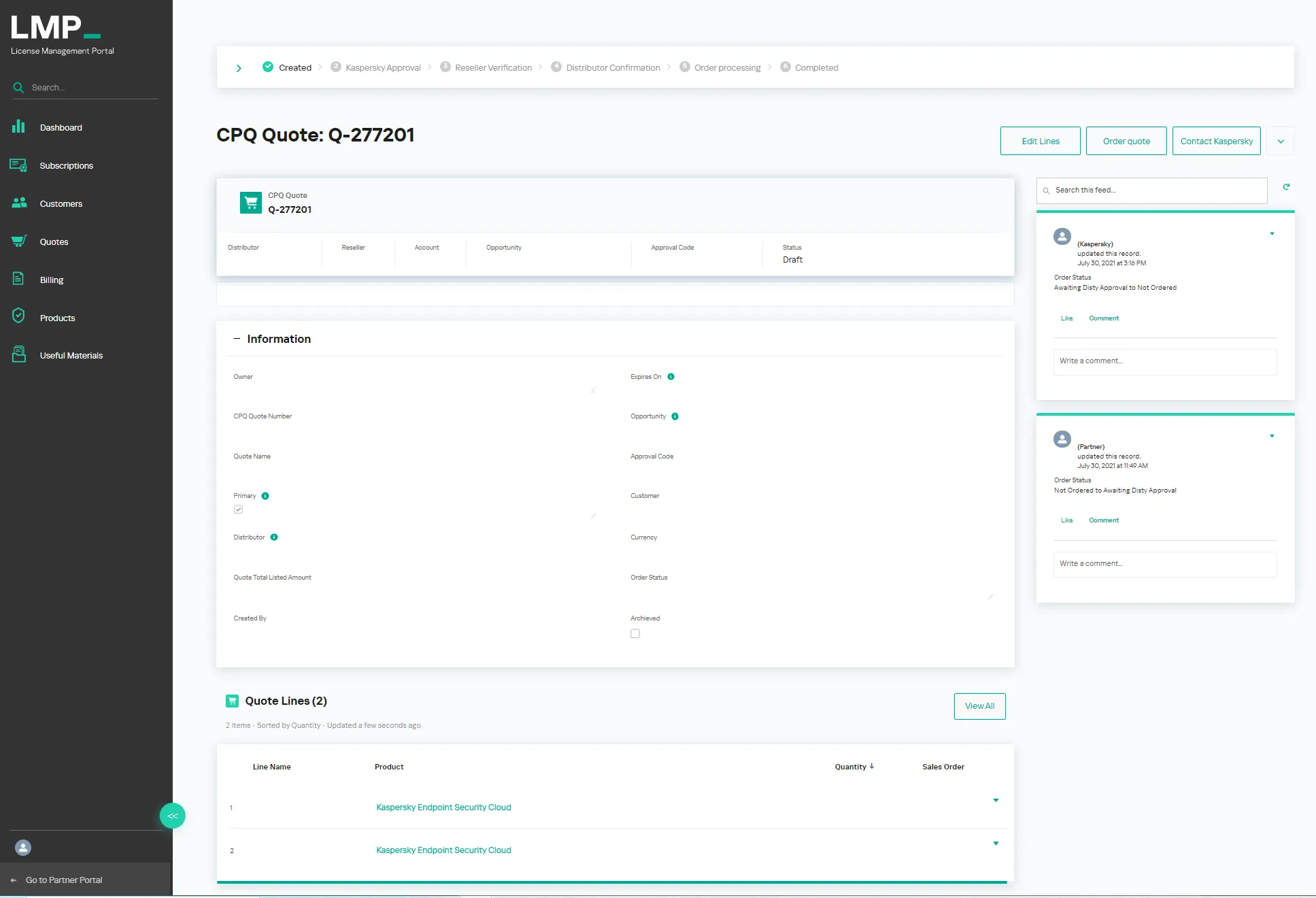 Darstellung eines Angebots im Kaspersky License Management Portal (LMP) zur Genehmigung oder Bearbeitung