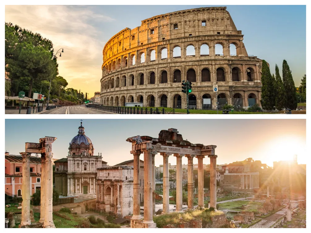 Das antike Kolosseum und Forum Romanum in Rom, ideal für einen günstigen Städtetrip im Oktober