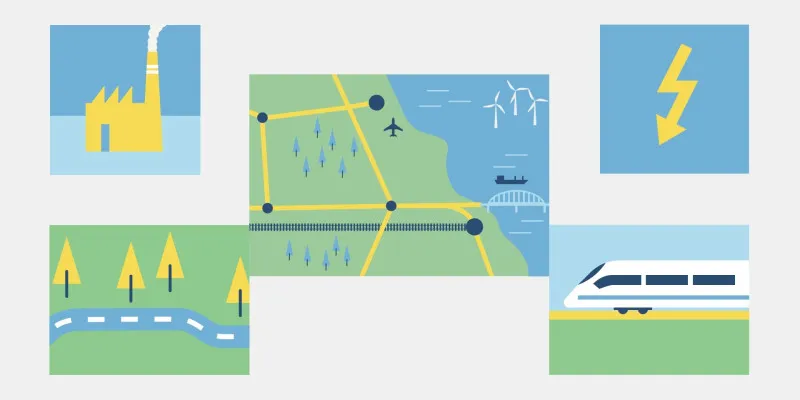 Das Bild zeigt Elektrizität, einen Zug, Karten und Straßen.