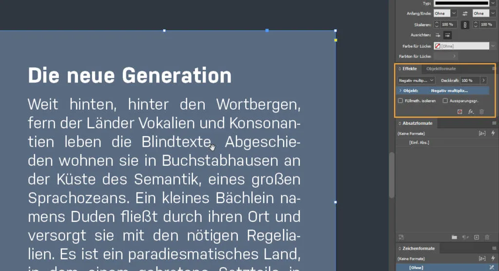 Das Effekte-Bedienfeld in InDesign ist geöffnet und zeigt die Dropdown-Menüs für Fülloptionen. Dies ermöglicht die Generierung zusätzlicher harmonischer Hintergrundfarben.