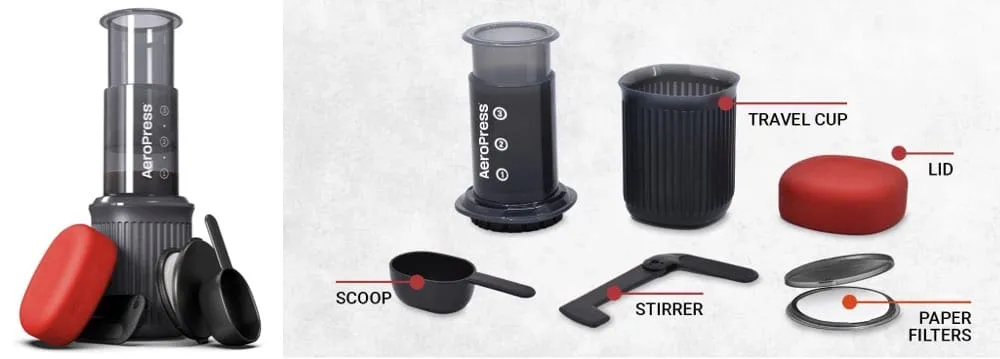 Das komplette AeroPress-Set mit Becher, Presse und Filtern, kompakt verstaut für die Reise Kaffeemaschine.