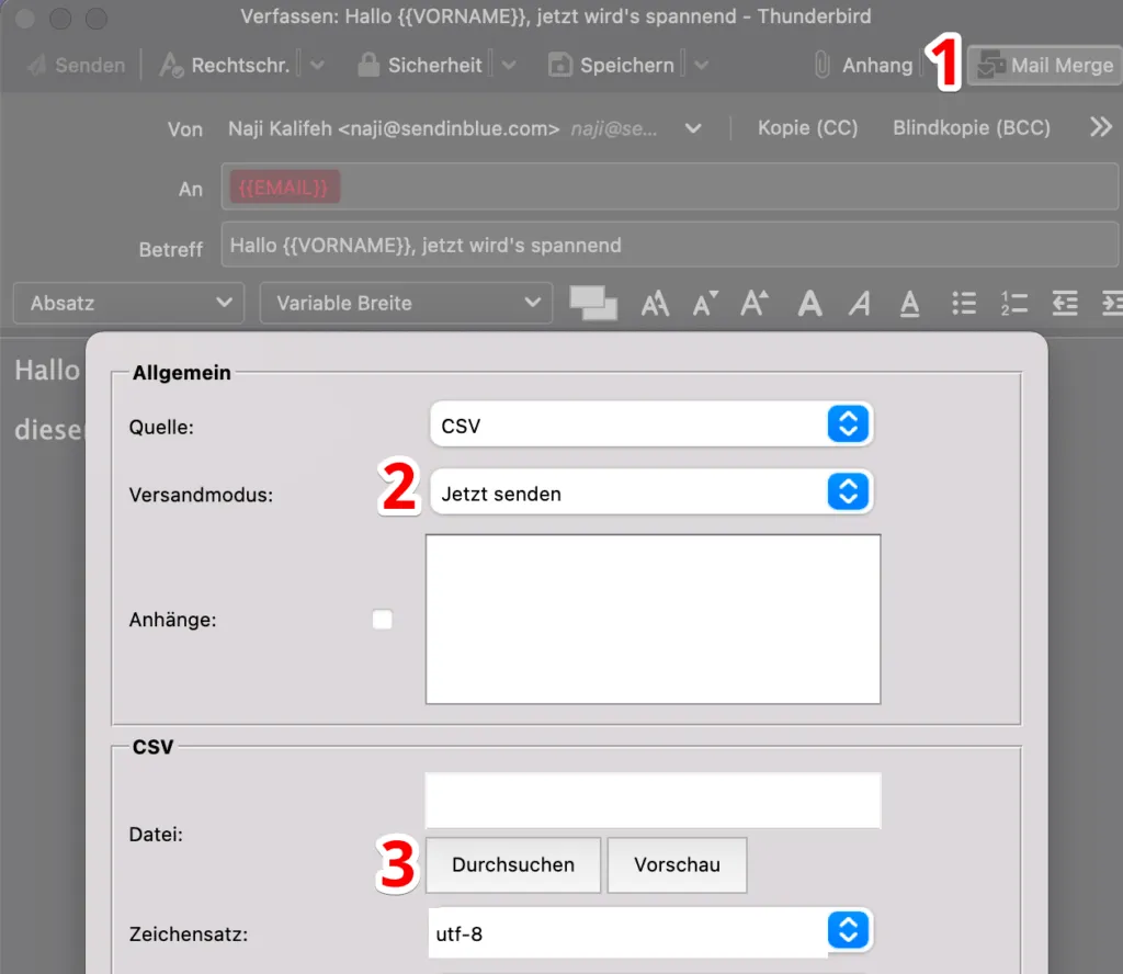 Das Mail Merge-Fenster in Thunderbird zur Konfiguration und zum Versand der Serienmails