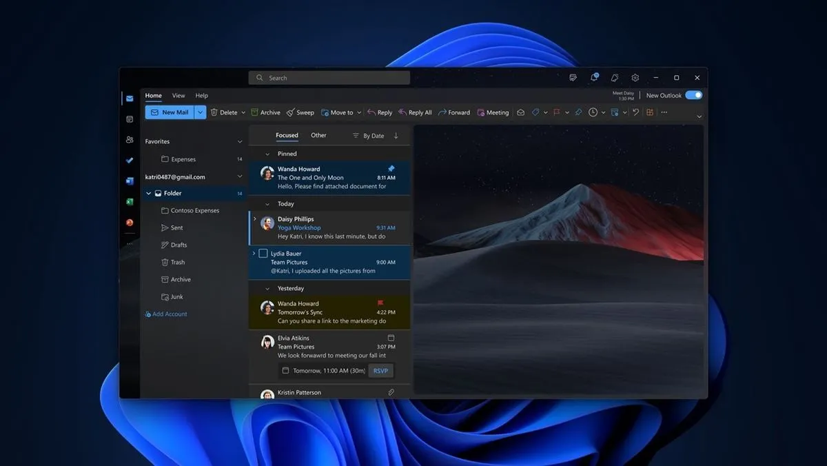 Das neue Outlook für Windows in der Vorschauansicht mit Benutzeroberfläche