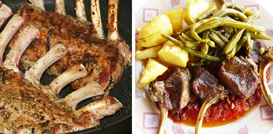 Das zartrosa Innere einer geschnittenen Lammkrone mit Knochen