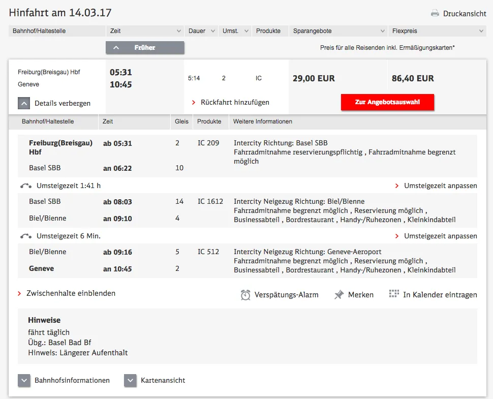 DB Reiseauskunft Freiburg (Breisgau) - Genf