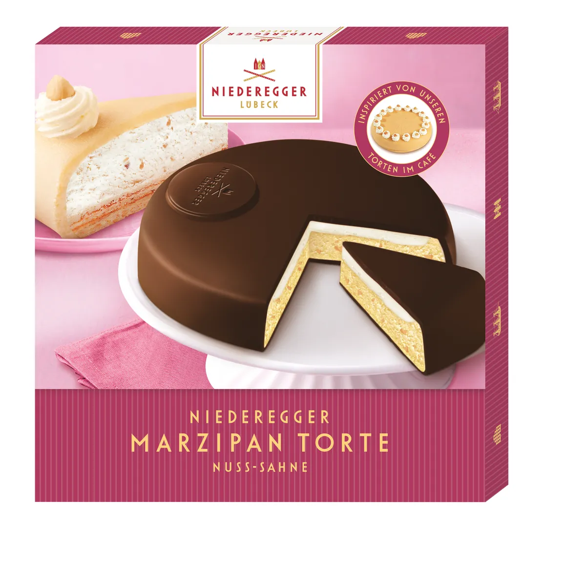 Delikate Nuss-Sahne-Marzipantorte mit Schokoladenüberzug