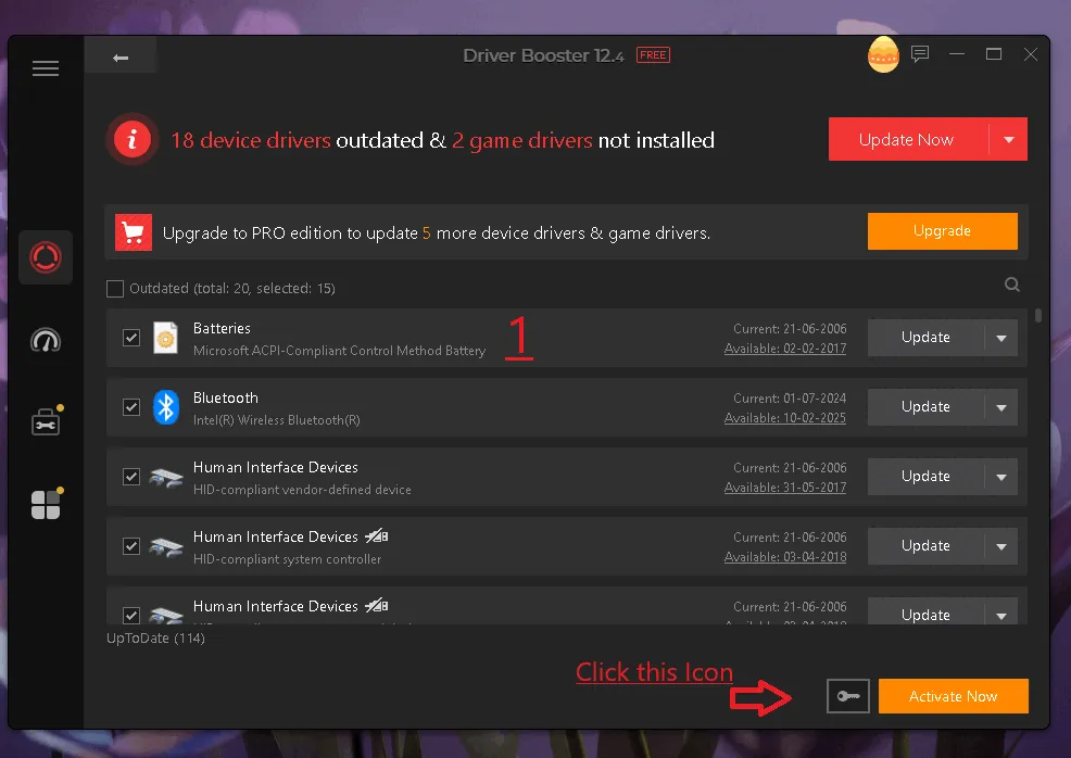 Der Aktivierungsdialog von Driver Booster Pro 12, der das Eingabefeld für den Lizenzcode und die Schaltfläche zur Aktivierung zeigt.