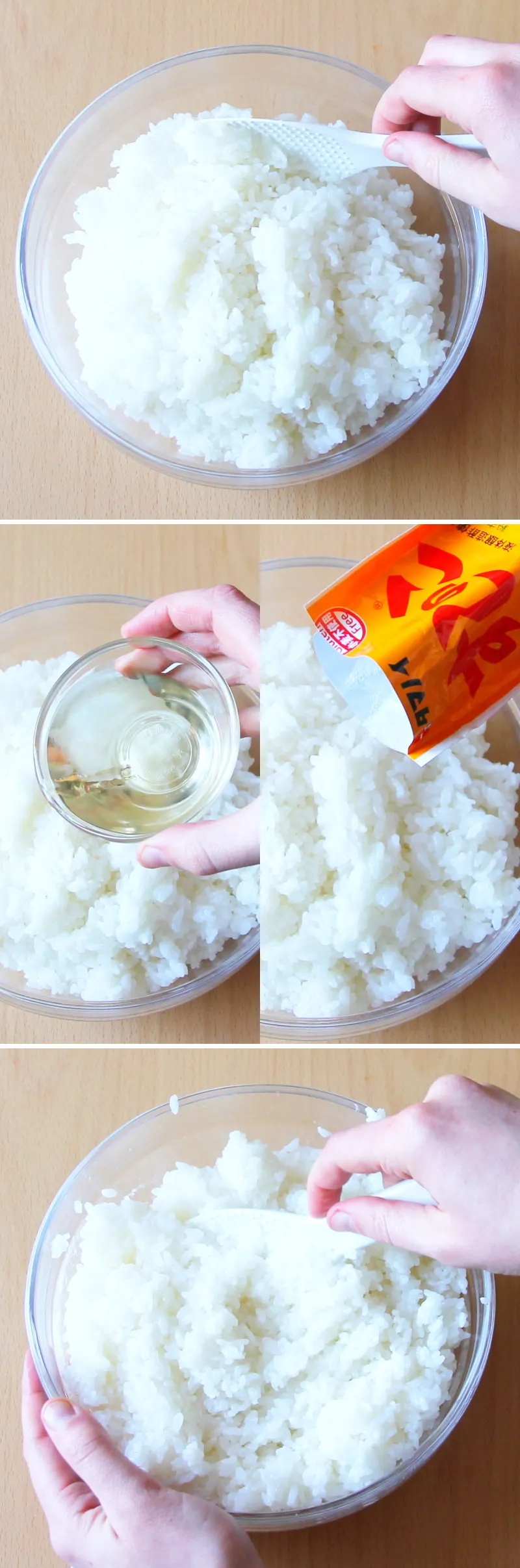 Der fertig gekochte Sushi Reis wird in einer großen Schüssel mit dem vorbereiteten Sushi-Essig vorsichtig vermengt, um den Geschmack gleichmäßig zu verteilen.