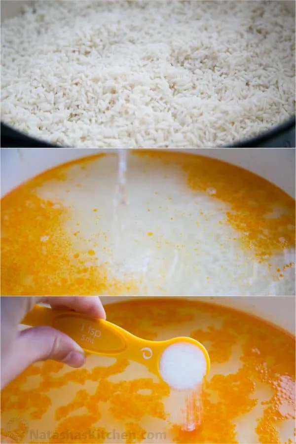 Der gespülte Reis wird vorsichtig über das geschmorte Rindfleisch und Gemüse gegeben, ohne umzurühren, bevor das restliche Wasser hinzugefügt wird