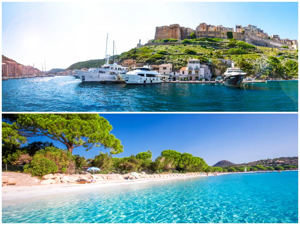 Der malerische Hafen von Bonifacio und der Traumstrand Santa Giulia bei Porto Vecchio auf Korsika im Juni