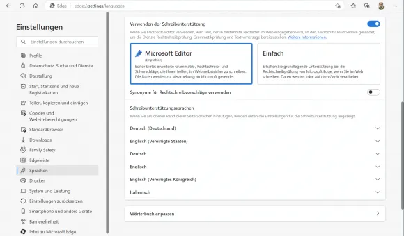 Der voreingestellte Microsoft Editor bietet Korrekturhilfen aus der Cloud, der einfache Modus arbeitet lokal.