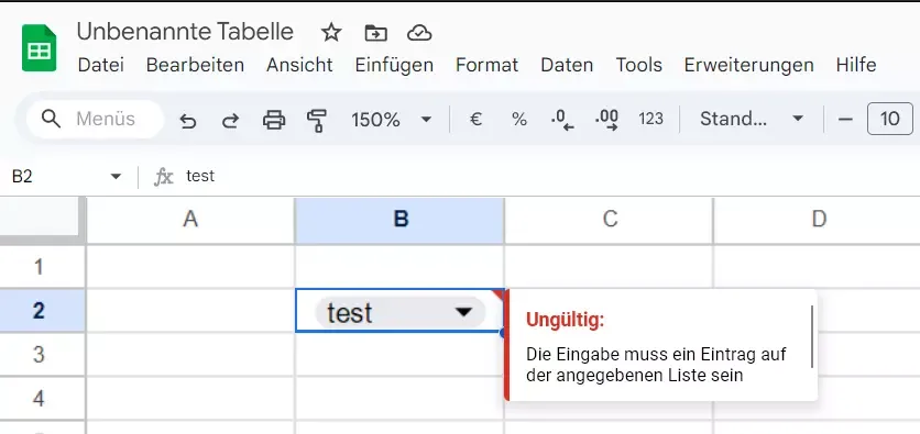 Der Warnhinweis bei falscher Nutzung des Google-Sheets-Dropdowns wird prominent angezeigt.