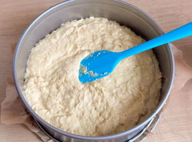 Der zuckerfreie Geburtstagskuchen-Teig in einer 20 cm Springform, vorbereitet für den Backofen.