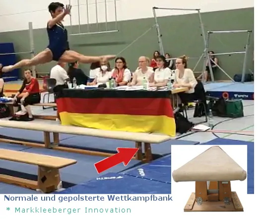 Desireè Girgenti, AK 45-Meisterin, demonstriert die innovative gepolsterte Turnbank als Schwebebalkenersatz bei den DSM 2022.