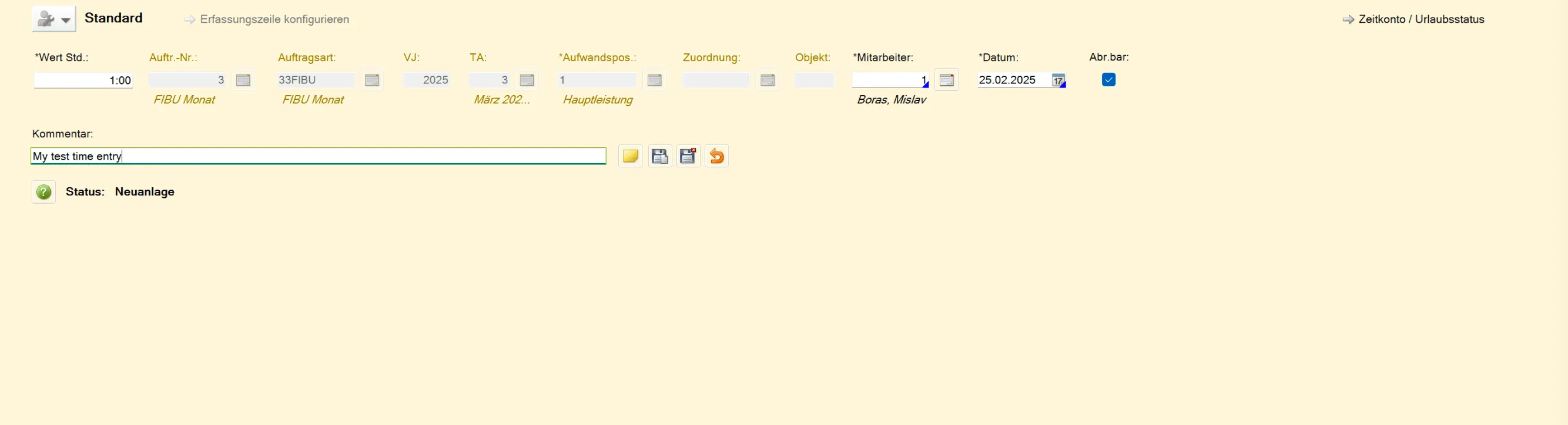 Detailansicht der Eingabefelder in DATEV EO Comfort für die Zeiterfassung
