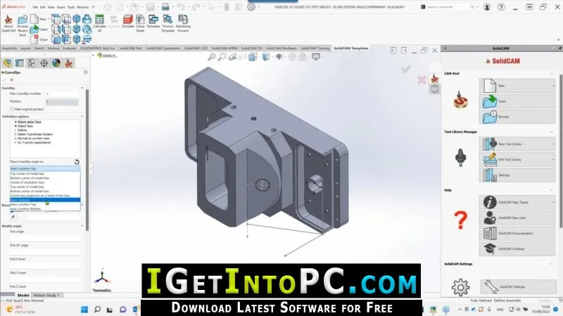 Detailansicht der SolidCAM 2022 Integration in SOLIDWORKS mit Zugriff auf alle Bearbeitungsfunktionen und CAM-Module.
