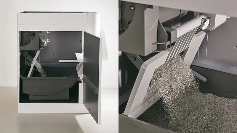 Detailansicht des Abfallbehälters der automatischen Katzentoilette