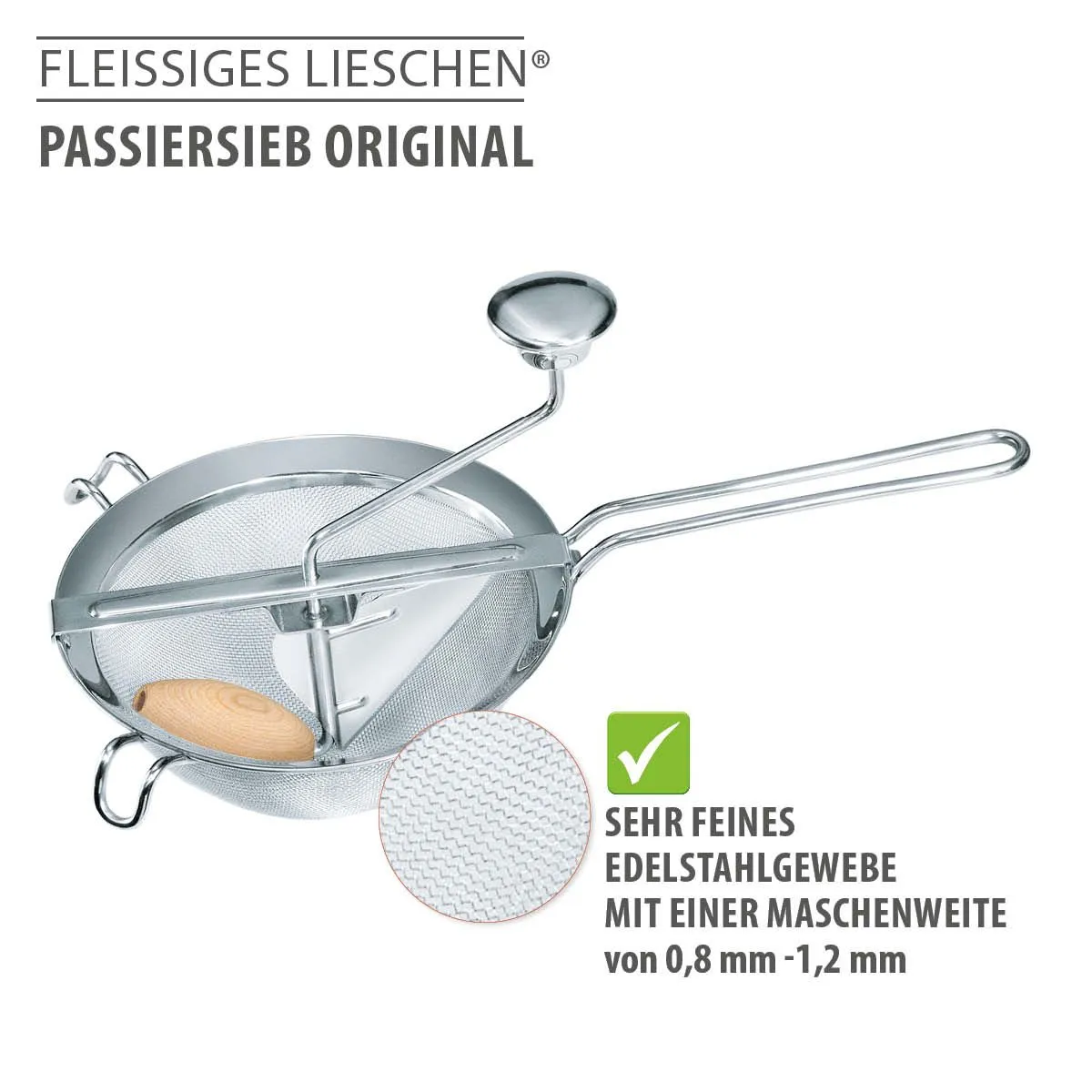 Detailansicht des Fleißigen Lieschens mit Edelstahl-Passiersieb, feinem Gewebe und einem ergonomisch geformten Holzgriff.