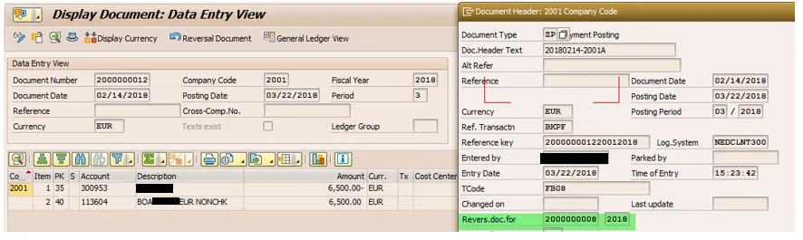 Detailansicht des Stornobelegs in SAP FB03