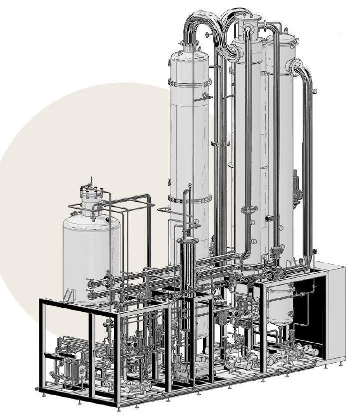 Detailansicht einer modernen Vakuumdestillationsanlage zur schonenden Entalkoholisierung von Schaumwein