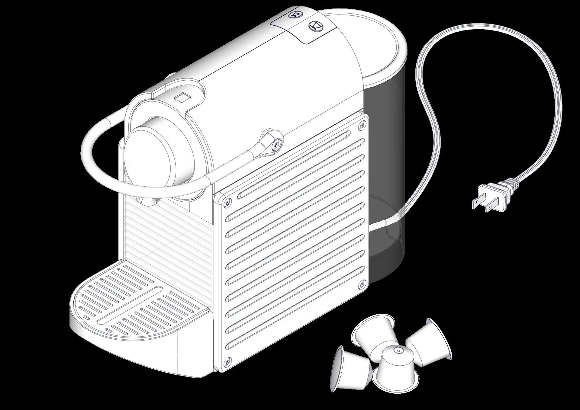 Detaillierte Vektorgrafik eines Kaffeeautomaten, erstellt mit SOLIDWORKS Composer, ideal für technische Schulungs- und Montageanleitungen.