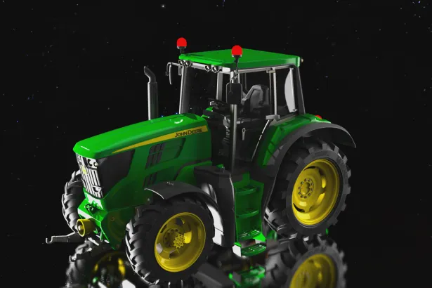 Detailliertes Modell eines John Deere Traktors mit Obsterntemaschine, erstellt in SOLIDWORKS