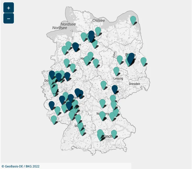 Deutschlandkarte mit Standorten der BiSS-Transfer Schul- und Kitaverbünde