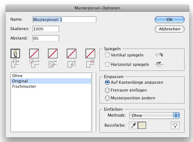 Dialogbox zur Konfiguration eines Illustrator Musterpinsels