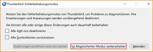 Dialogfeld des Thunderbird-Fehlerbehebungsmodus mit der Option, im abgesicherten Modus fortzufahren