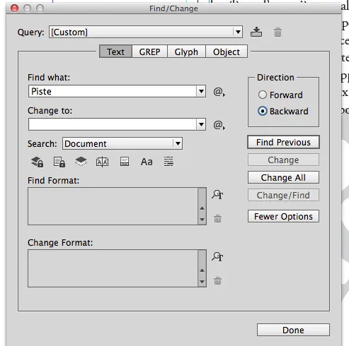 Dialogfeld Suchen und Ändern in InDesign CC 2014 mit Rückwärts-Suchrichtung
