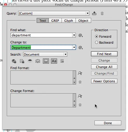 Dialogfeld Suchen und Ändern in InDesign nach 2014 mit Richtungsoption
