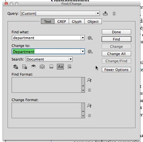 Dialogfeld Suchen und Ändern in InDesign vor 2014