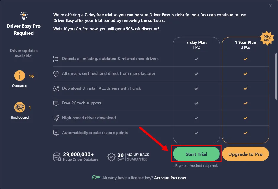 Dialogfenster von Driver Easy, das zur Anmeldung für die kostenlose 7-Tage-Testversion von Driver Easy Pro auffordert.