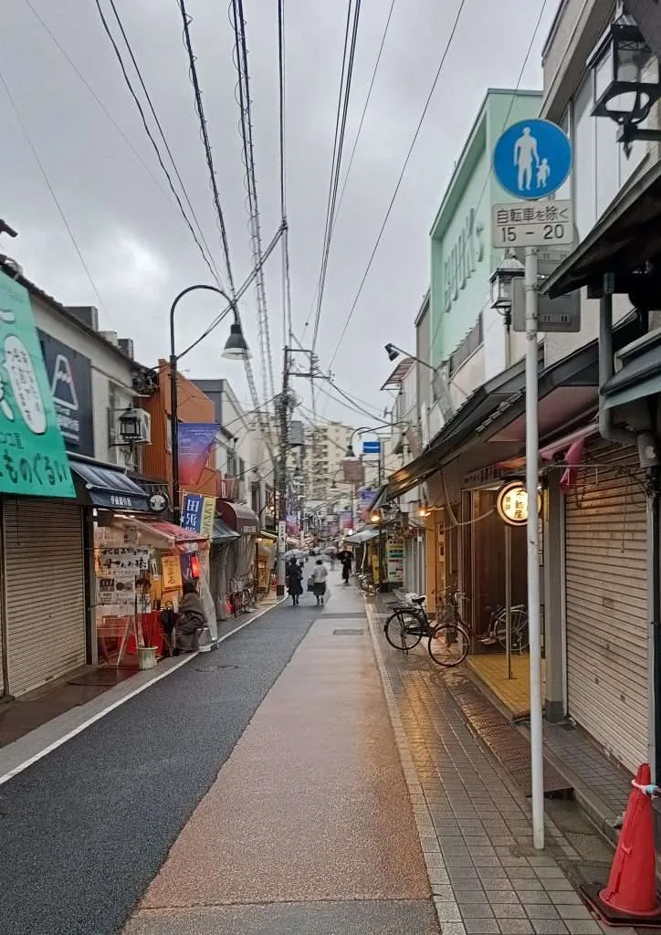 Die &quot;alte Ginza&quot;: Eine belebte Einkaufsstraße mit traditionellen Geschäften und Restaurants unter einem überdachten Bogengang.