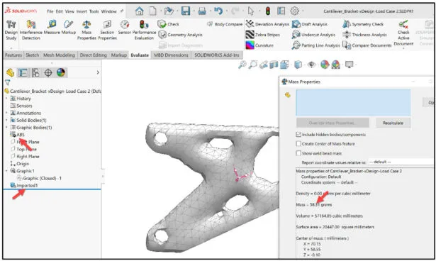 Die aus SOLIDWORKS xDesign exportierte STL-Datei, geöffnet in SOLIDWORKS mit Masseneigenschaften.